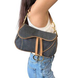Christian Dior Vintage Double Saddle Bag Denim Dark Blue Brown Cotton [102550]